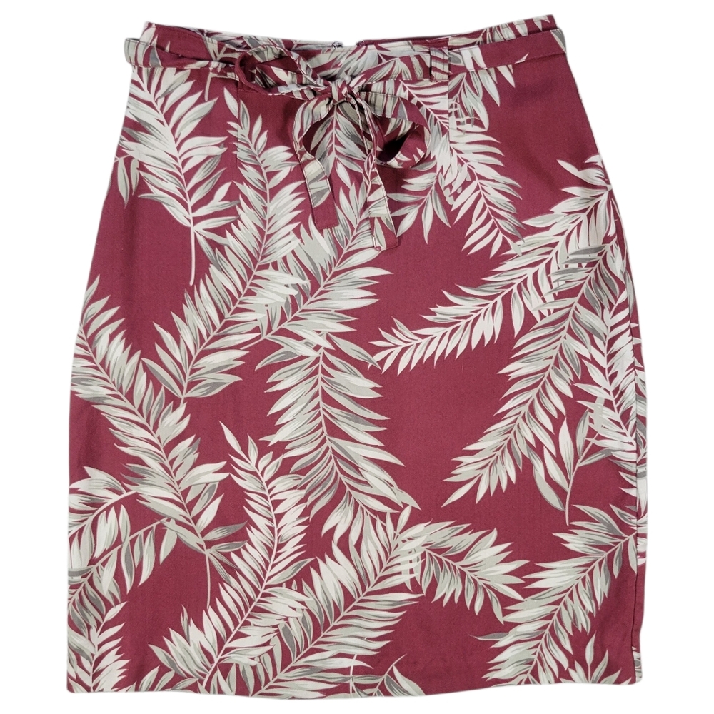 Tommy Bahama Pencil‎ Skirt Womens 2 Wine Red Silk Tropical Hawaiian Print Belted